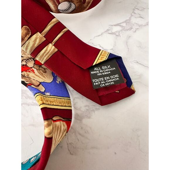 Vtg Baseball Tie Saturday Evening Post 100% Silk Red Pattern Fan Mens 90s Bat - Picture 2 of 5